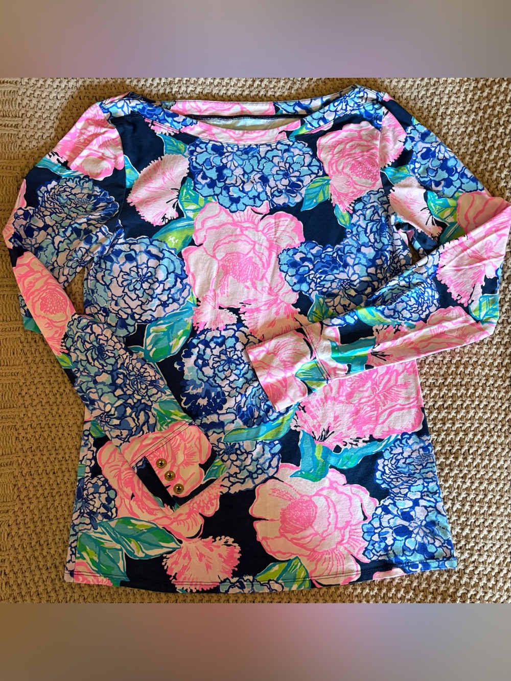 LILLY PULITZER Floral Boatneck Long Sleeve Lightweight Top EUC Size Medium
